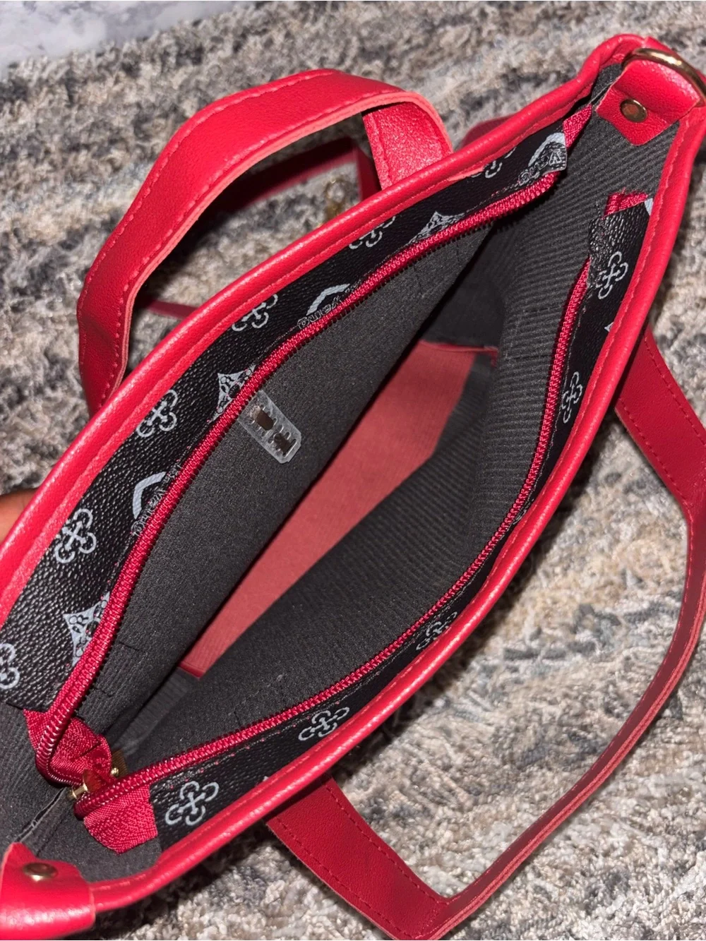 Black Patterned Crossbody Tote with Red Trim